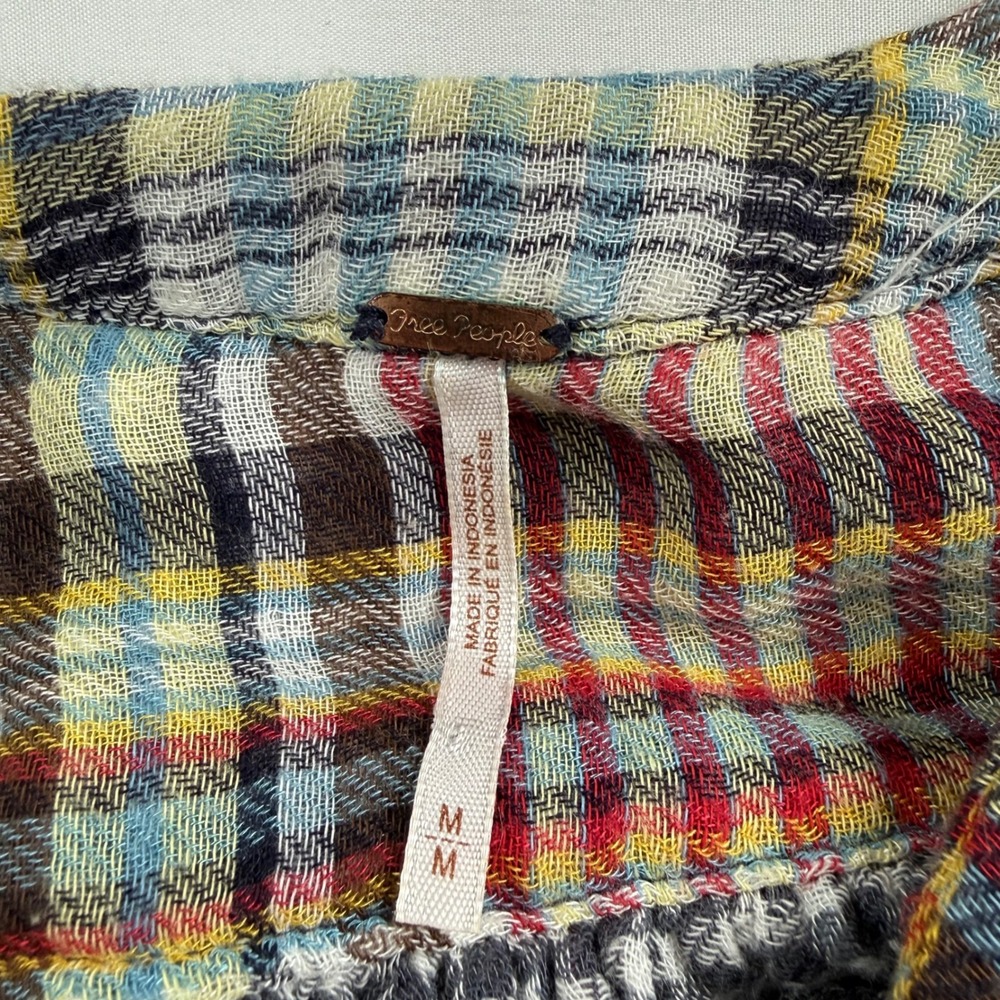 Free People Plaid Oversized‎ Tunic Top Button Front Frayed Hem Size M Festival - Picture 4 of 8